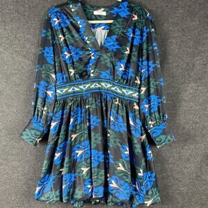 Elegant Blue Floral Long Sleeve Dress